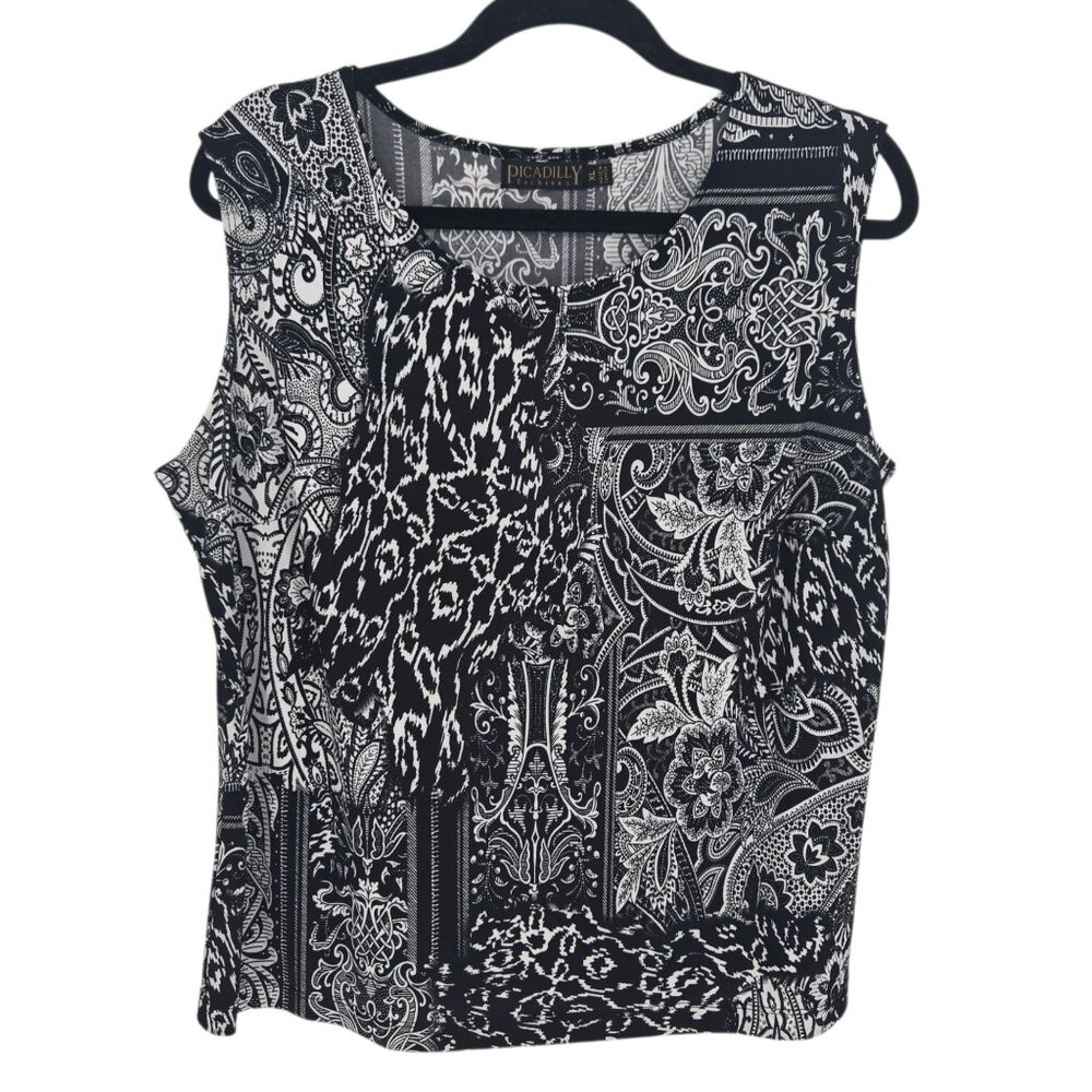 Picadilly made in canada womens XL black white sleeveless paisley floral blouse